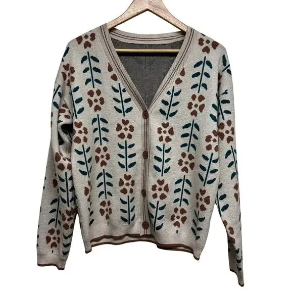 Botanical Floral Knit Cardigan Sweater Button Front Beige Green Size M - Picture 2 of 7
